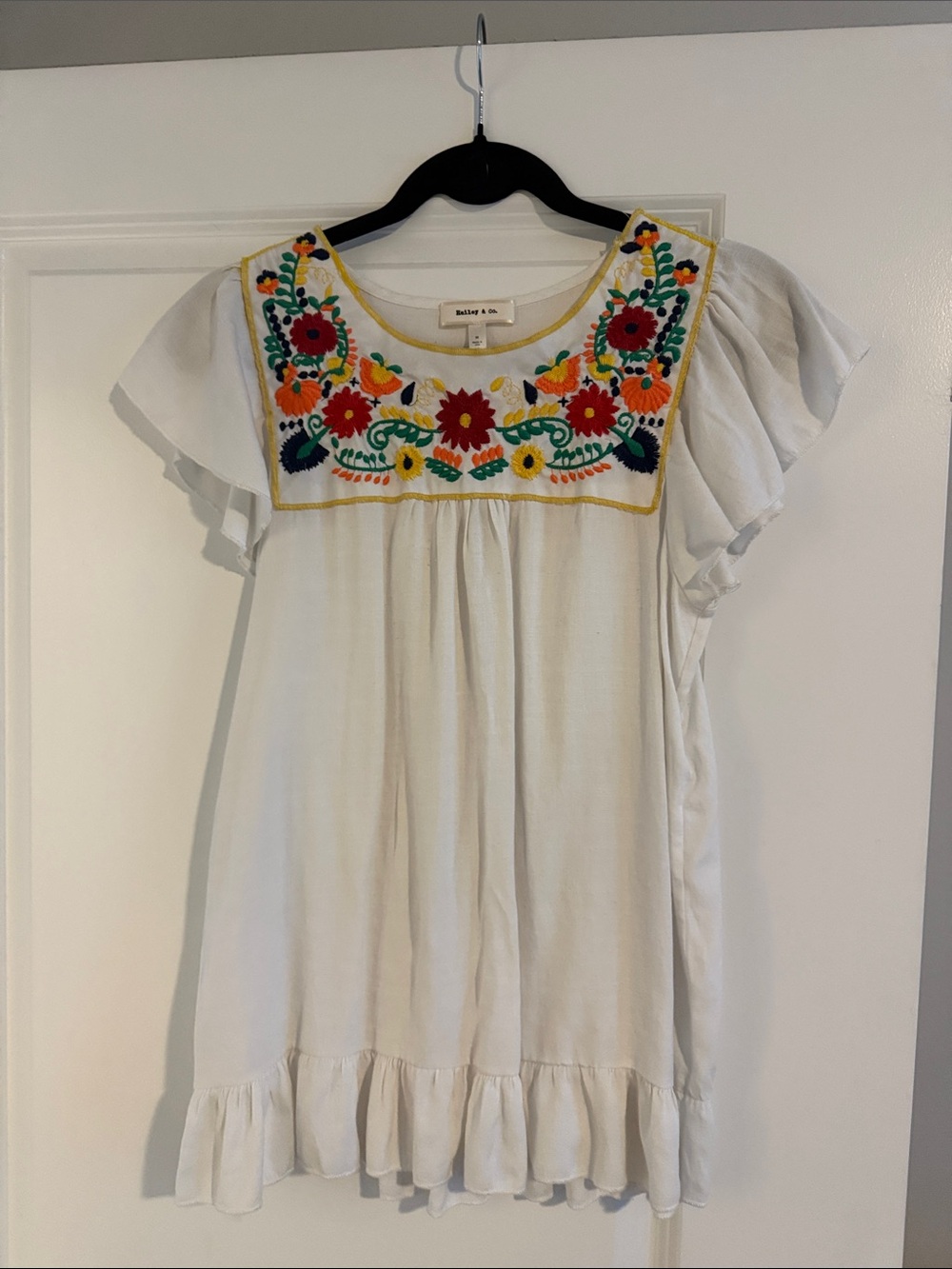 White Embroidered Flutter Sleeve Shirt